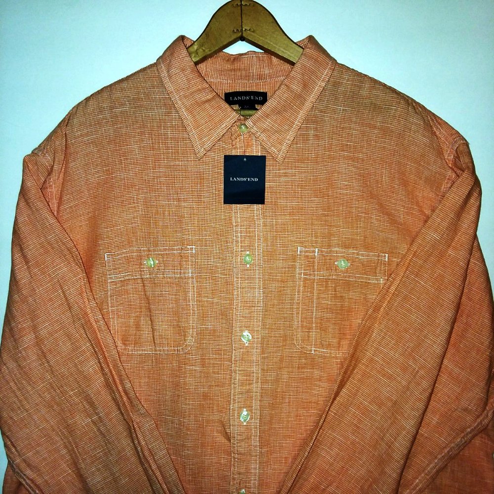 LANDS' END Linen Orange Gingham Shirts XL NWT